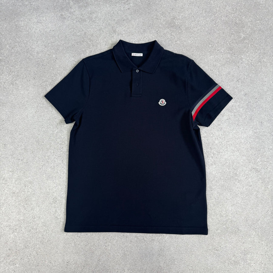 Moncler Navy Cotton Polo Shirt With Striped Sleeves