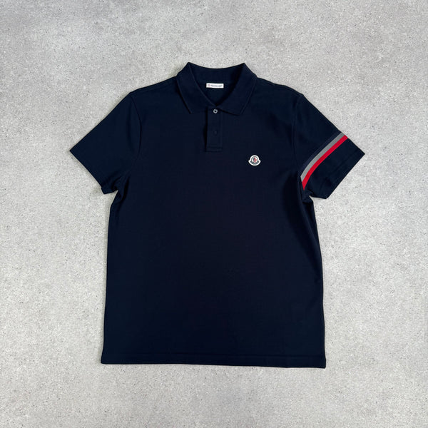 Moncler Navy Cotton Polo Shirt With Striped Sleeves