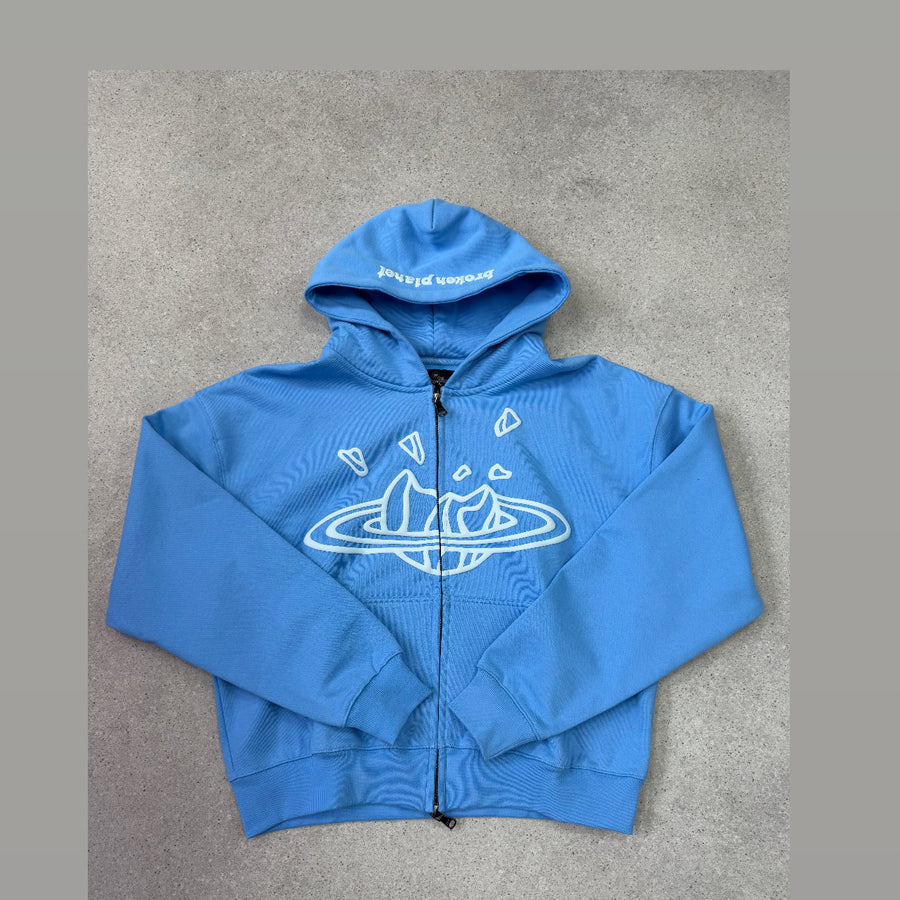 BROKEN PLANET ZIP-UP HOODIE LIGHT BLUE